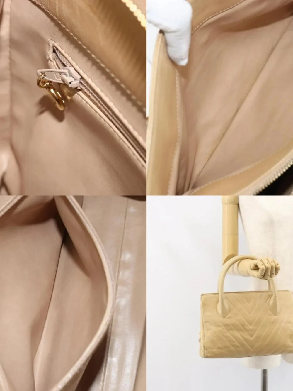 CHANEL V Stitch Hand Bag Leather Beige Gold CC Auth BA9348